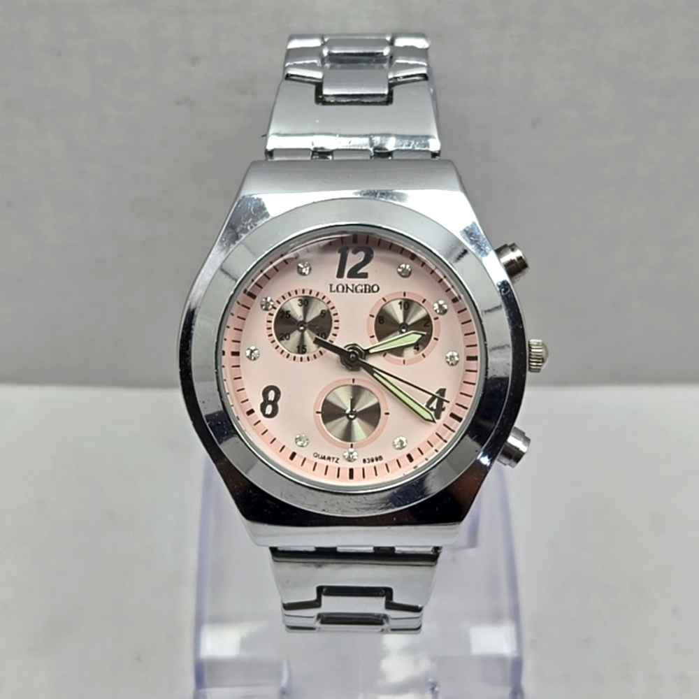 Womens Longbo Chronograph Pink Silver Tone Watch New Battery